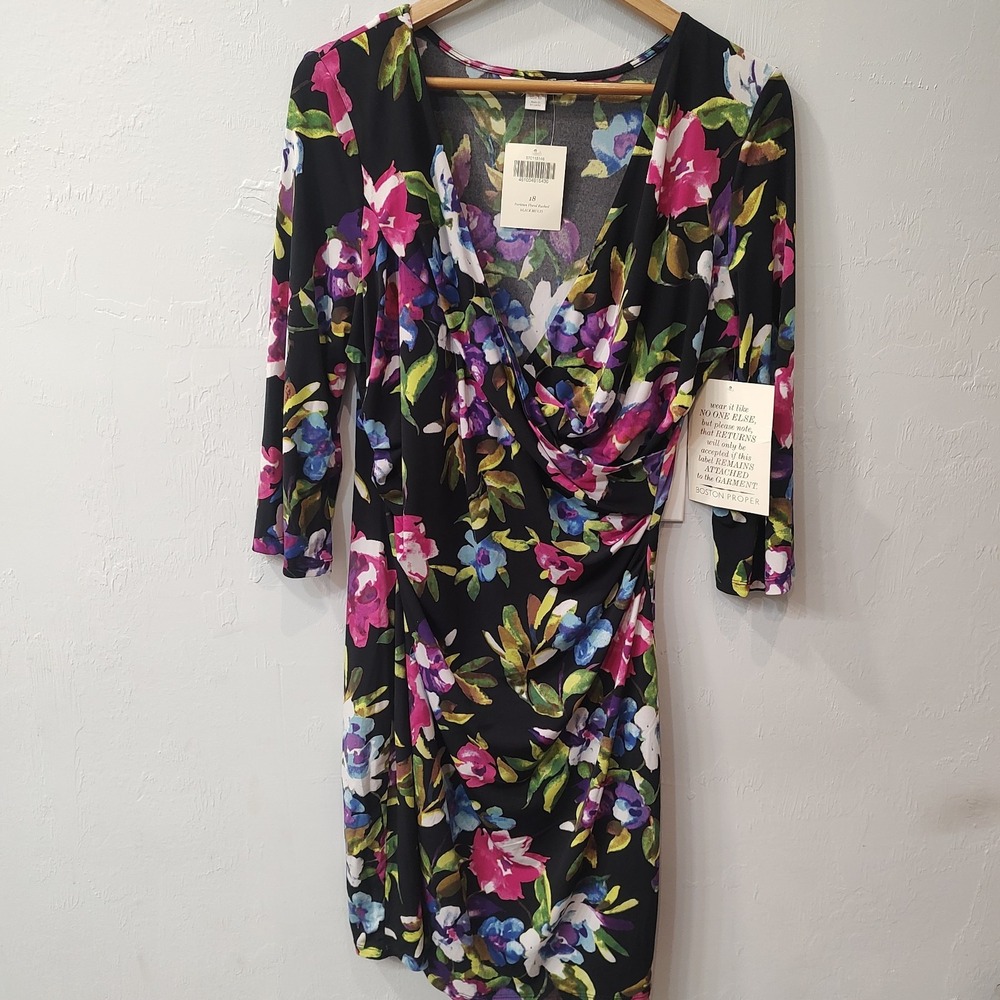 Boston Proper Parisian Floral Ruched Dress Black Multi 3/4 Sleeve Sz 18 New
